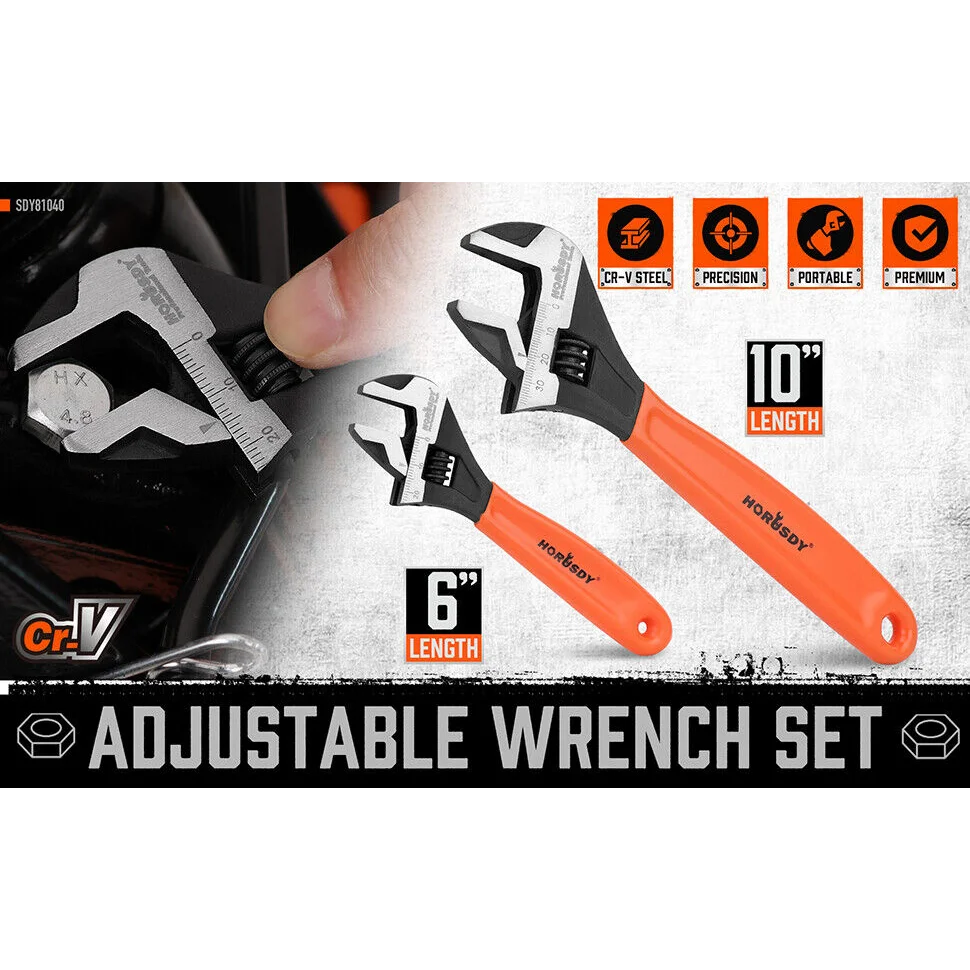 2x Adjustable Wrench Set - 6’’ & 10’’ Wide Jaw Spanner Cr-V