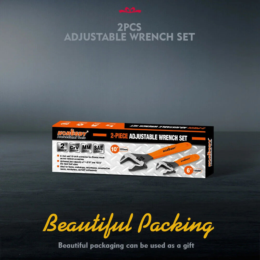 2x Adjustable Wrench Set - 6’’ & 10’’ Wide Jaw Spanner Cr-V