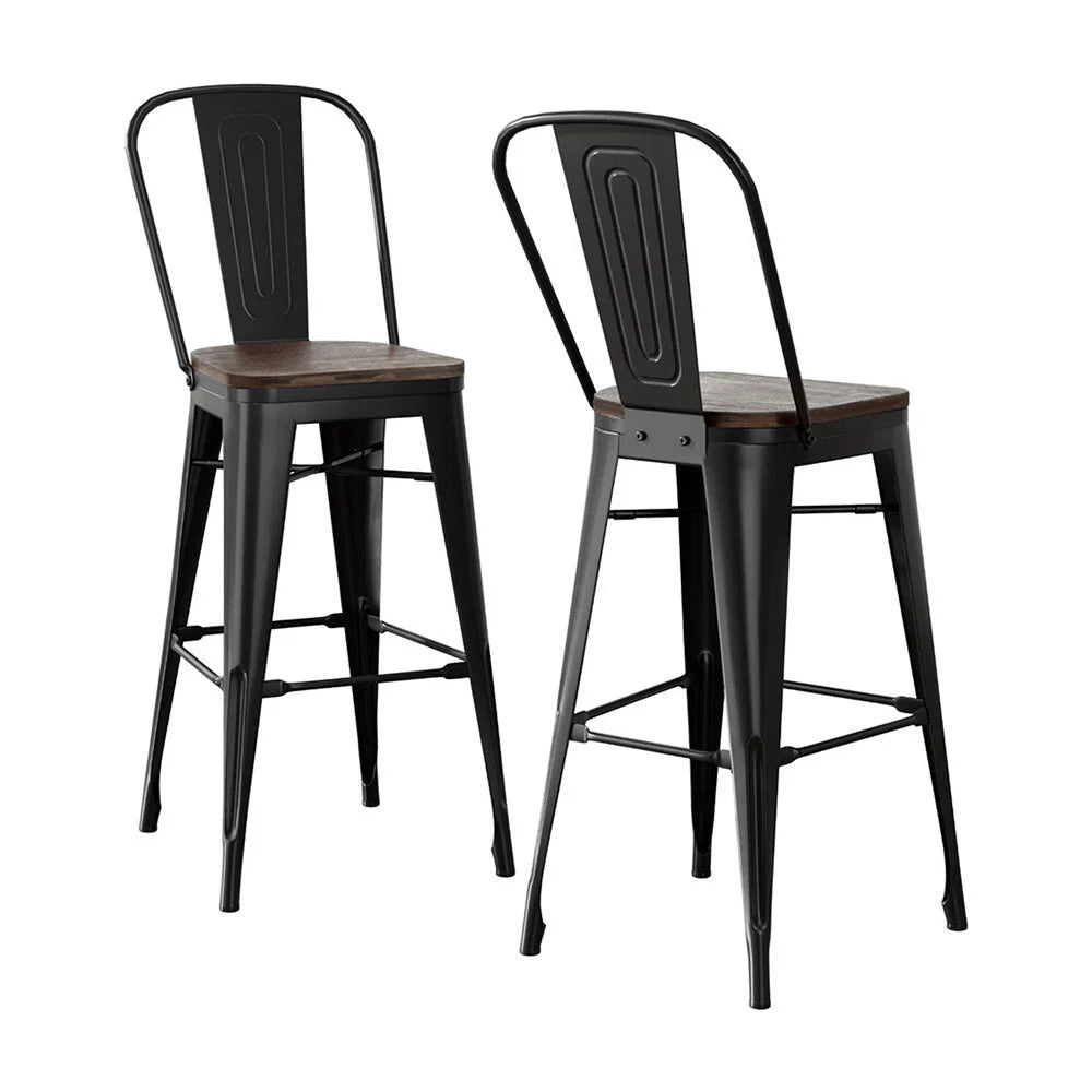 Metal bar stool set with woven seat and timber frame