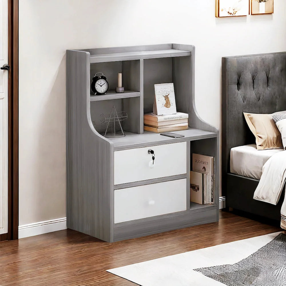 2x bedside table pair lockable drawer curved sides modern