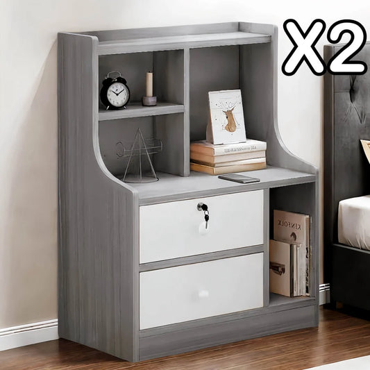 2x bedside table pair lockable drawer curved sides modern