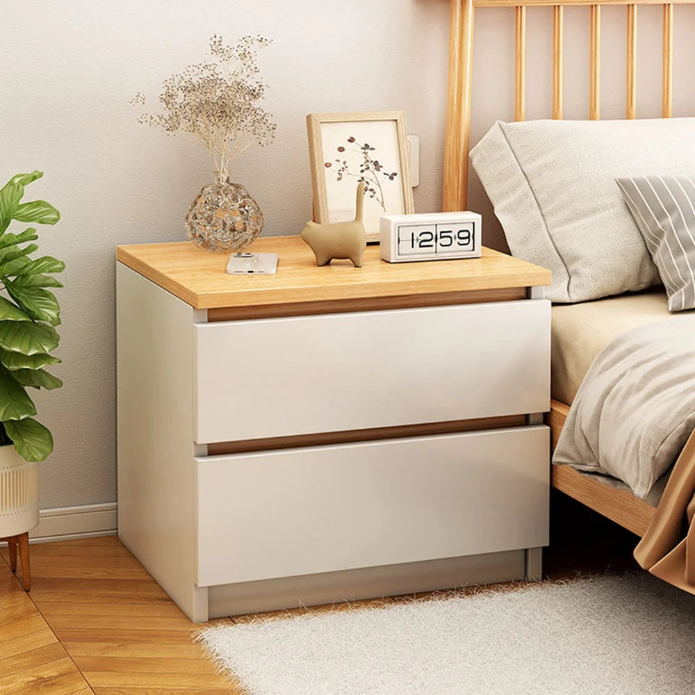 2x Bedside table pair oak wood grain drawers minimalist