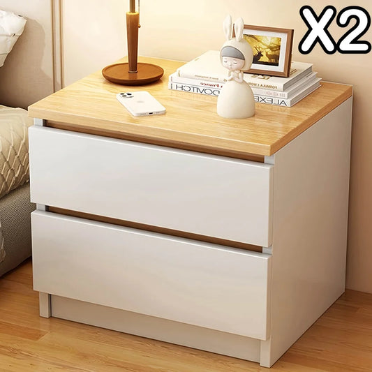 2x Bedside table pair oak wood grain drawers minimalist