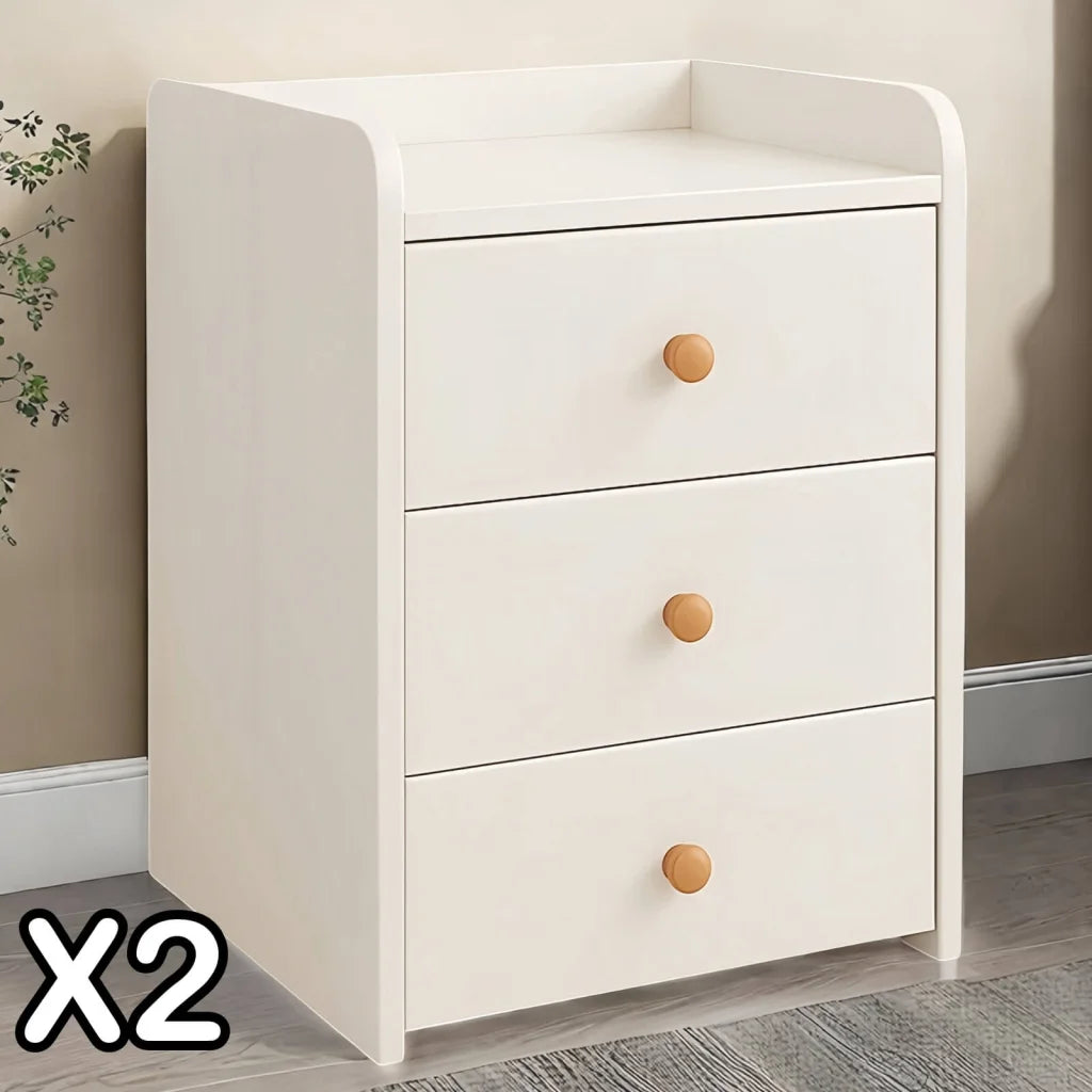 2x Bedside Table Pair White 3 Drawers Wooden Knobs Modern