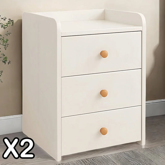 2x Bedside Table Pair White 3 Drawers Wooden Knobs Modern