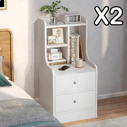 2x Bedside table pair white minimalist wooden drawers