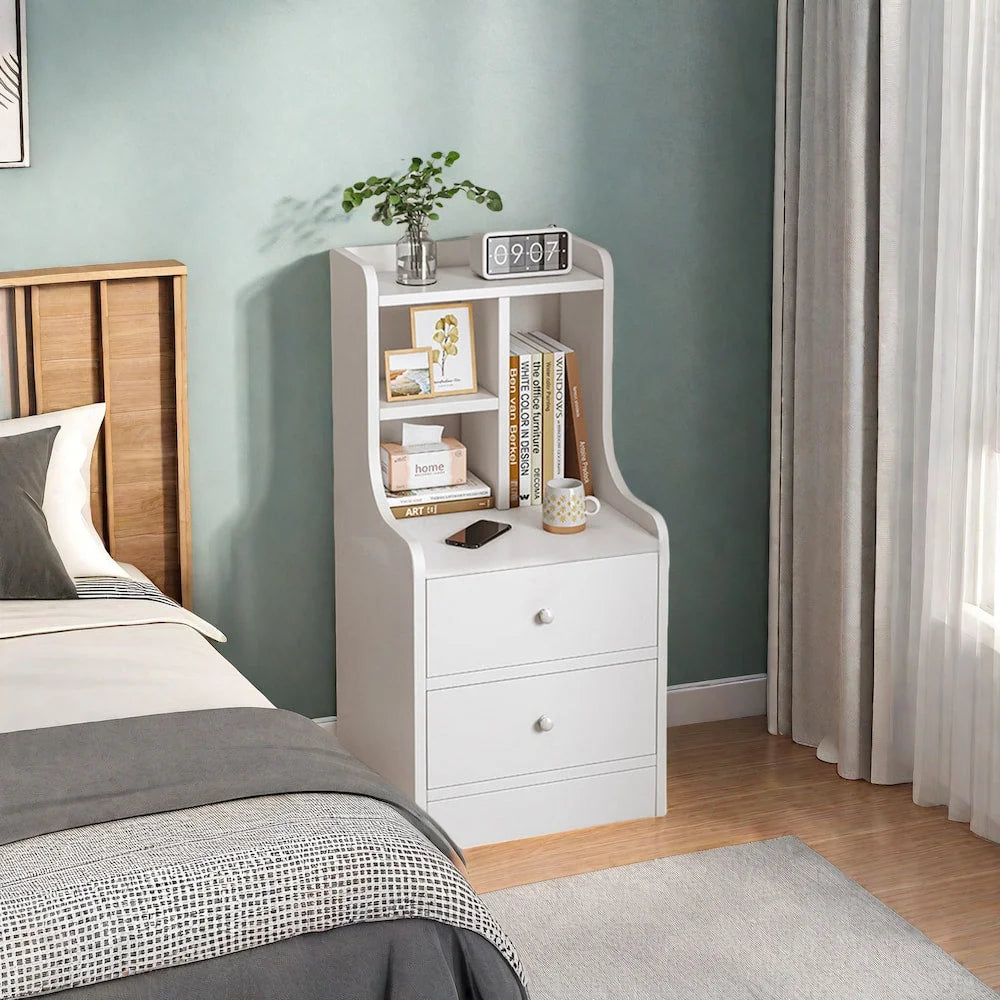 2x Bedside table pair white minimalist wooden drawers