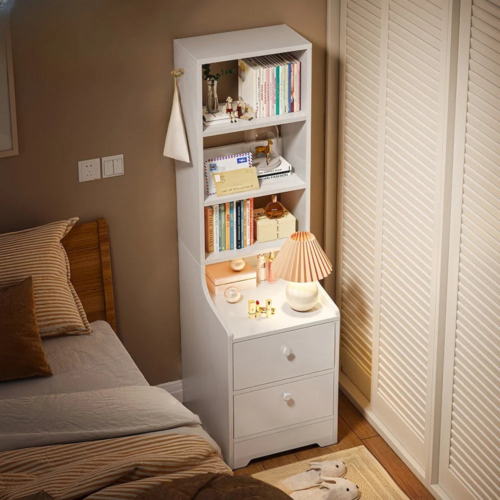 2x Bedside table pair with shelves drawers side hook modern