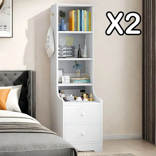 2x Bedside table pair with shelves drawers side hook modern