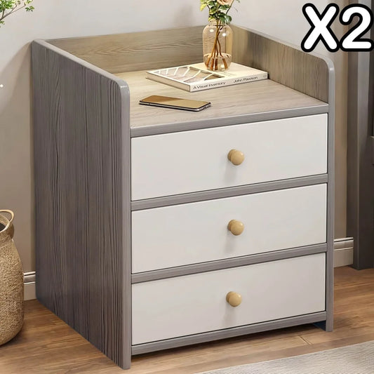 2x bedside table set 3 drawer light gray white wooden knobs