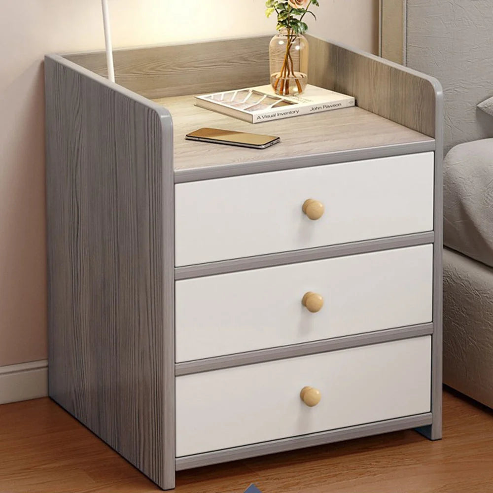 2x bedside table set 3 drawer light gray white wooden knobs