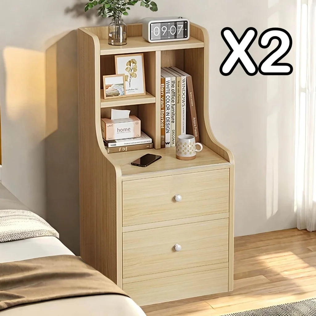 2x bedside table set light wood grain drawers metal slides