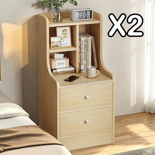 2x bedside table set light wood grain drawers metal slides