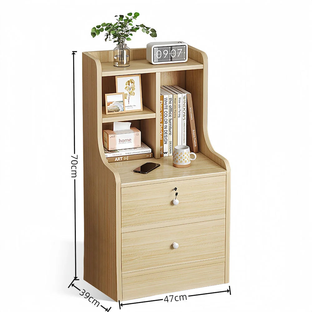 2x bedside table set light wood grain drawers metal slides