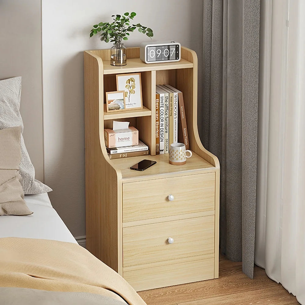 2x bedside table set light wood grain drawers metal slides