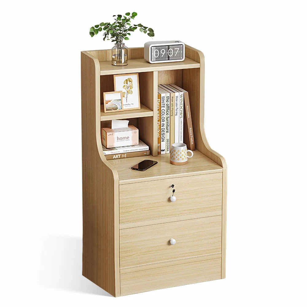 2x bedside table set light wood grain drawers metal slides