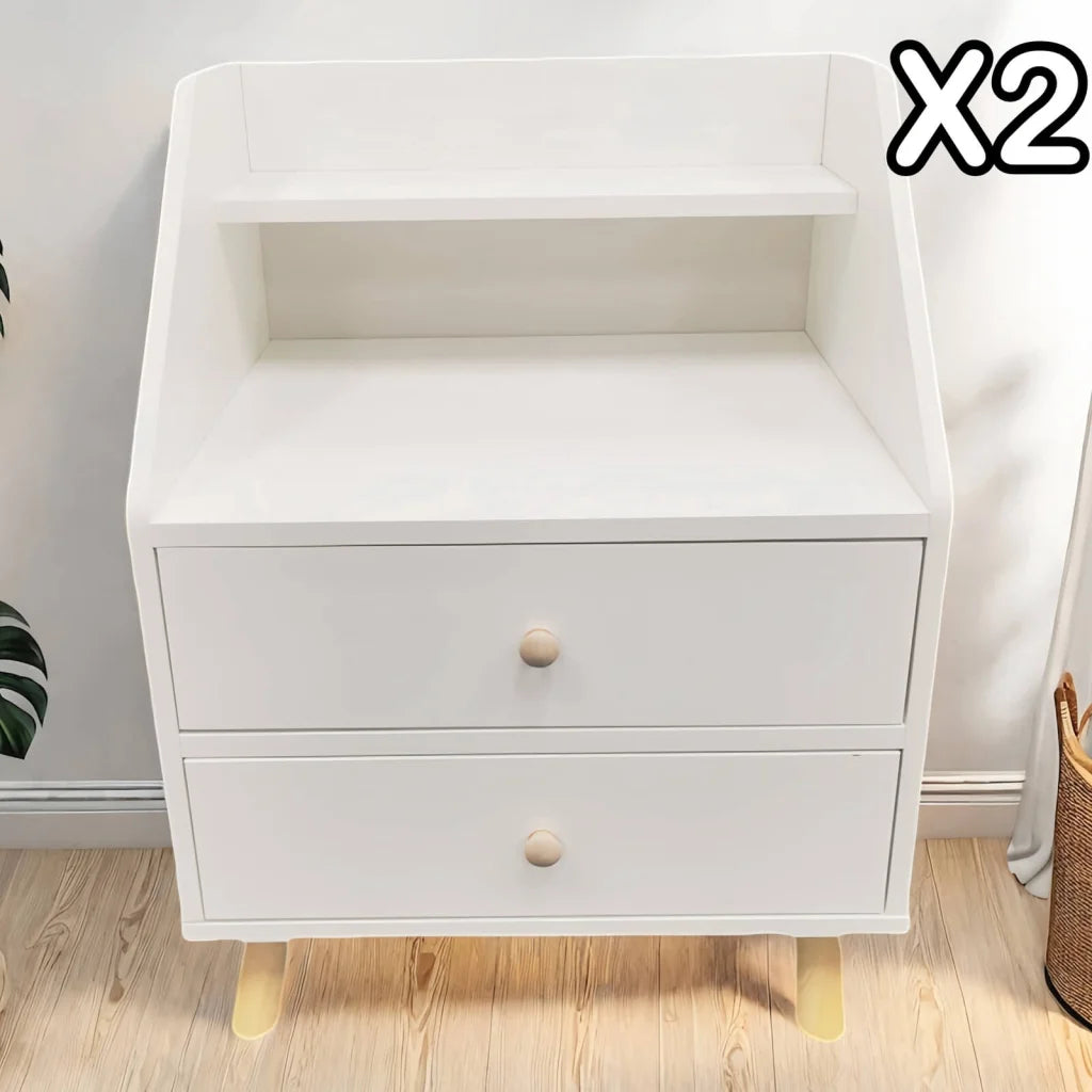 2x Bedside table set modern design wooden legs white
