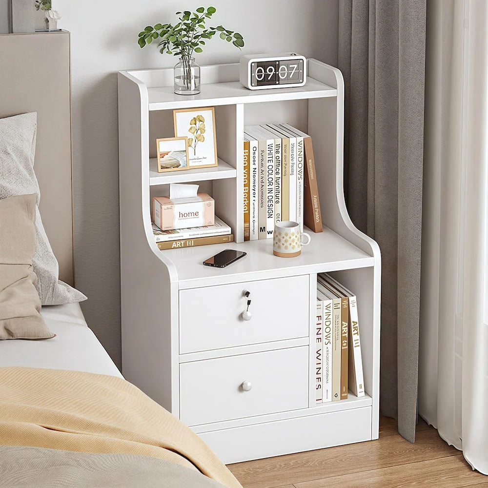 2x Bedside table set modern minimalist lockable drawer open