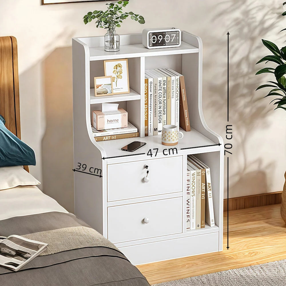 2x Bedside table set modern minimalist lockable drawer open