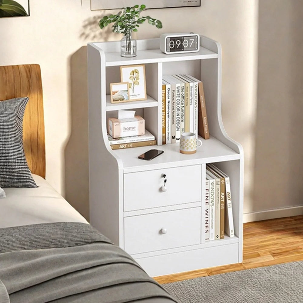 2x Bedside table set modern minimalist lockable drawer open
