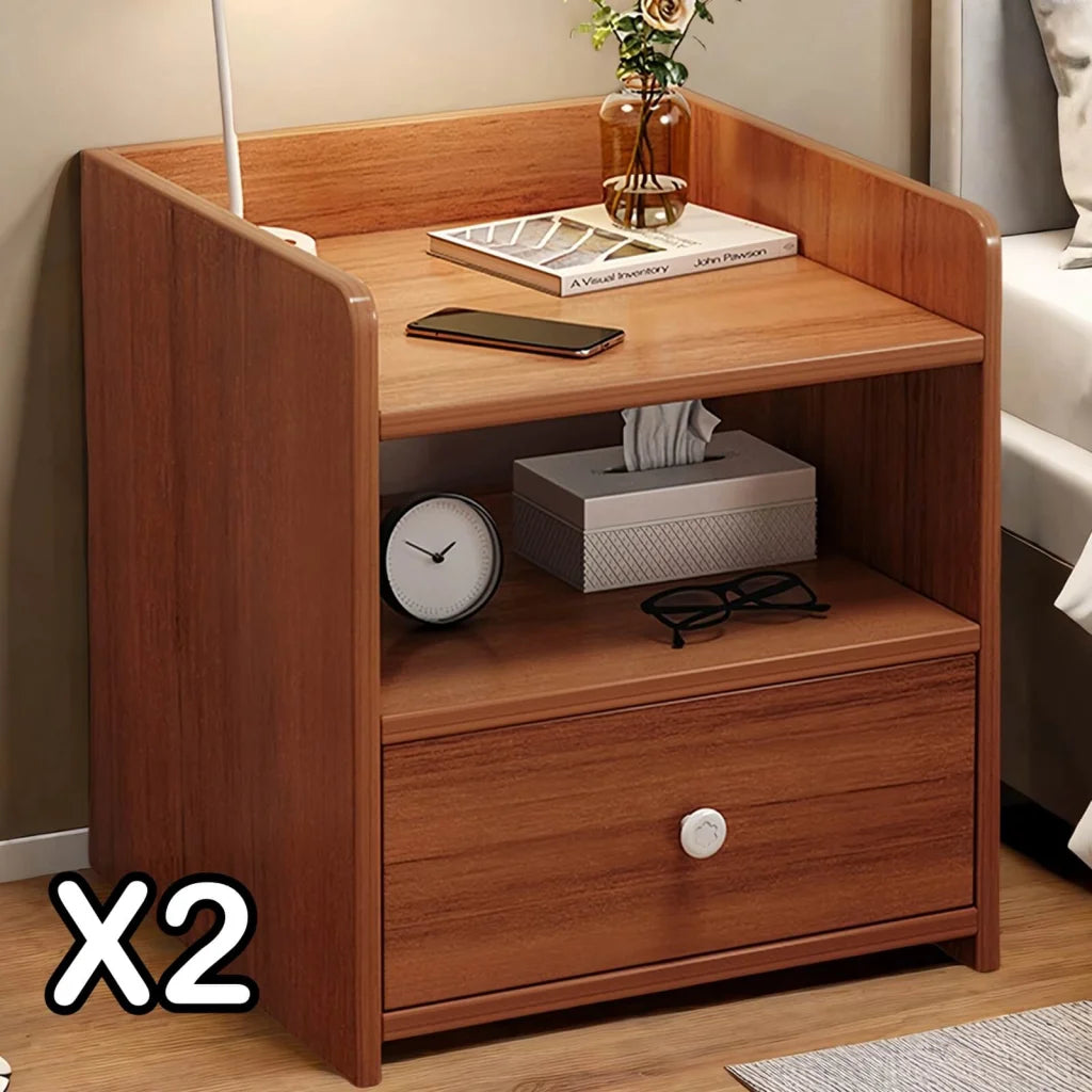 2x bedside table set vintage walnut tray drawer wooden