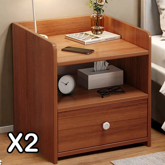 2x bedside table set vintage walnut tray drawer wooden