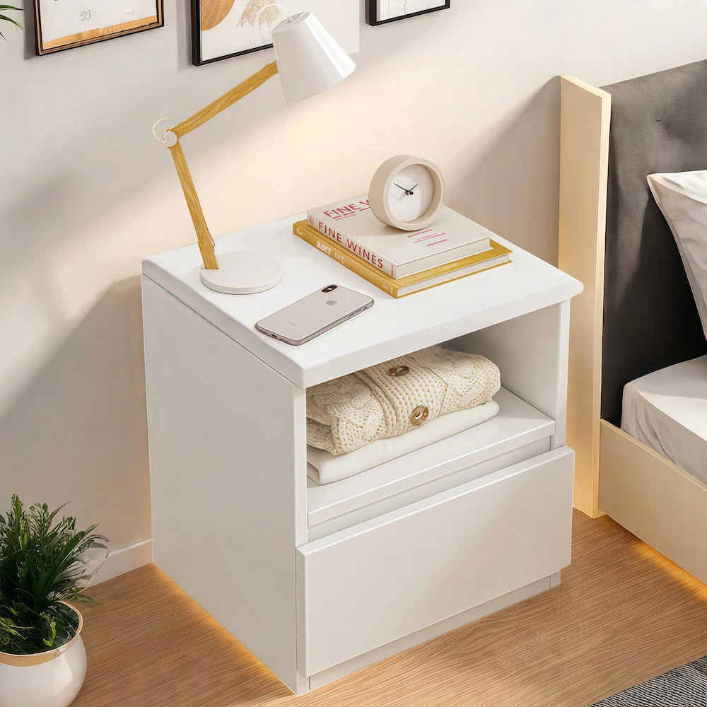 2x Bedside table set with drawer and shelf minimalist white