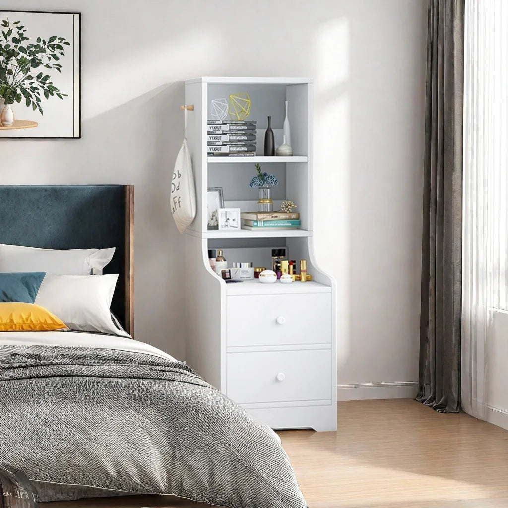 2x Bedside table set with drawers slim tall cabinet