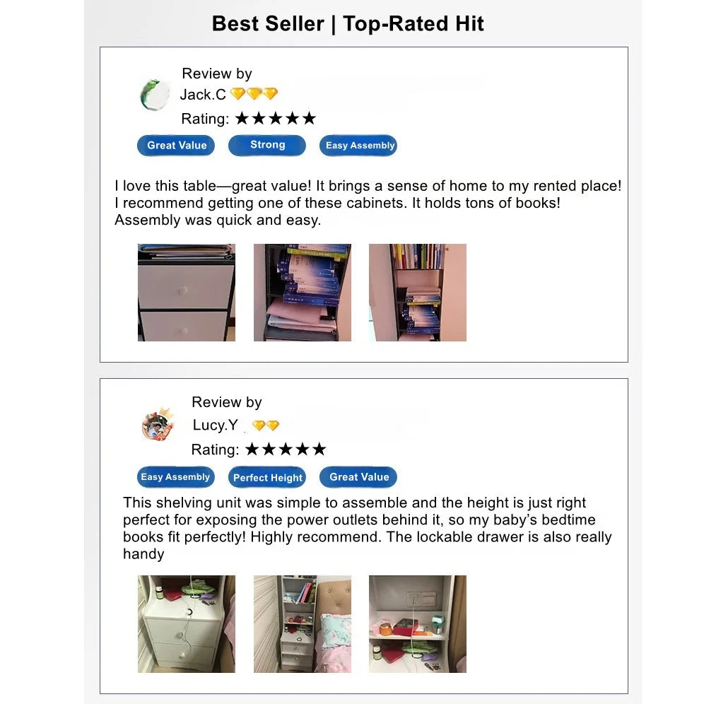 2x Bedside table set with drawers slim tall cabinet
