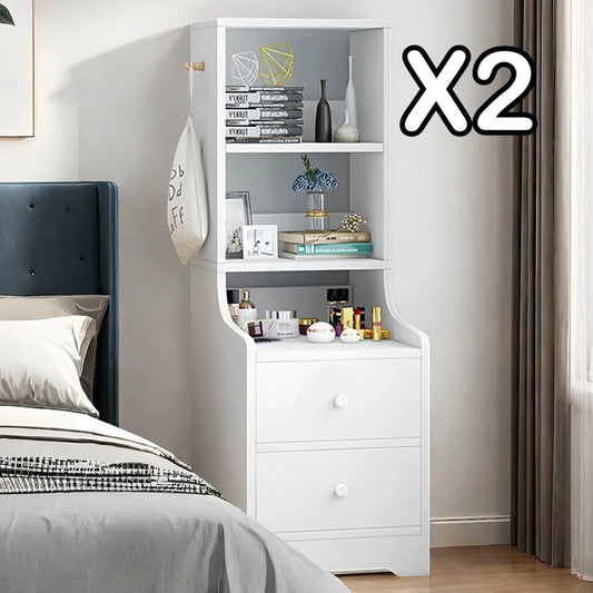 2x Bedside table set with drawers slim tall cabinet