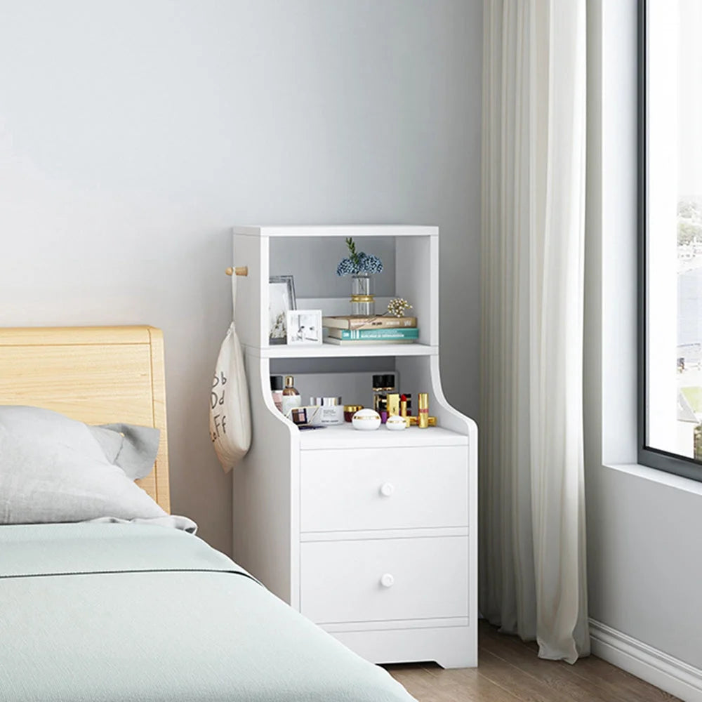 2x bedside table set with shelves and drawers modern white