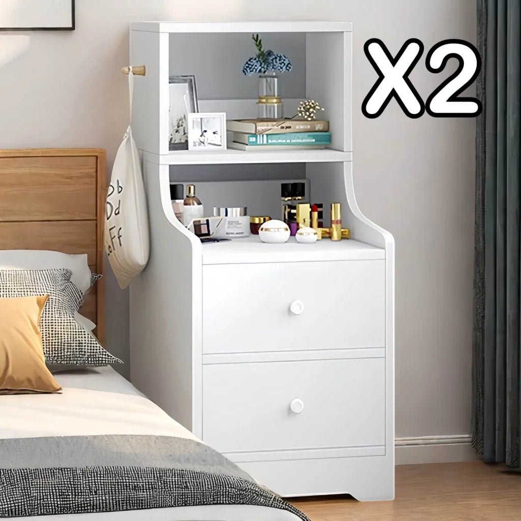 2x bedside table set with shelves and drawers modern white