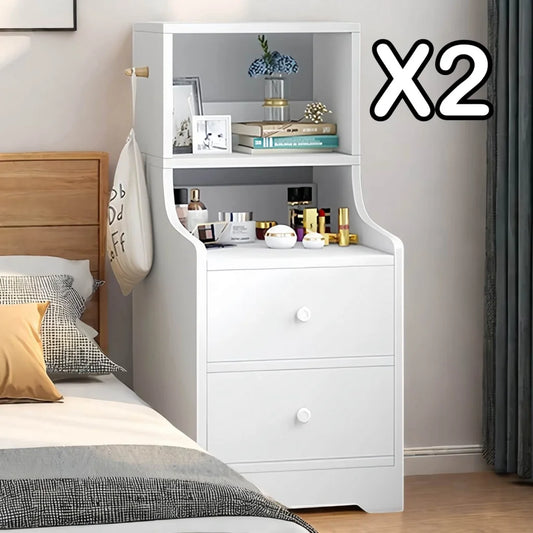 2x bedside table set with shelves and drawers modern white