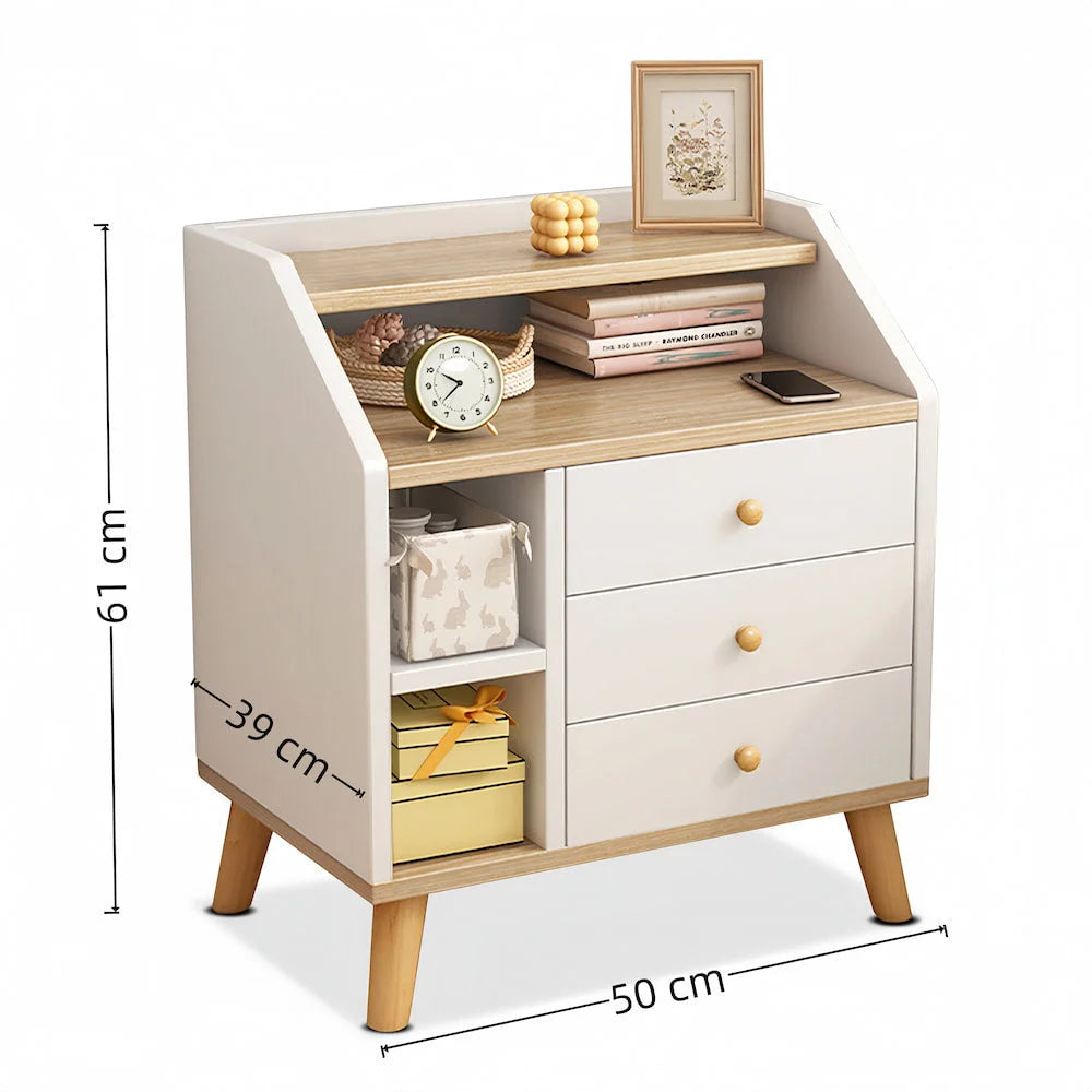 2x bedside table set wood grain drawers curved design