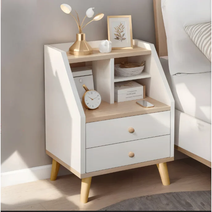 2x bedside table set wood grain drawers curved design
