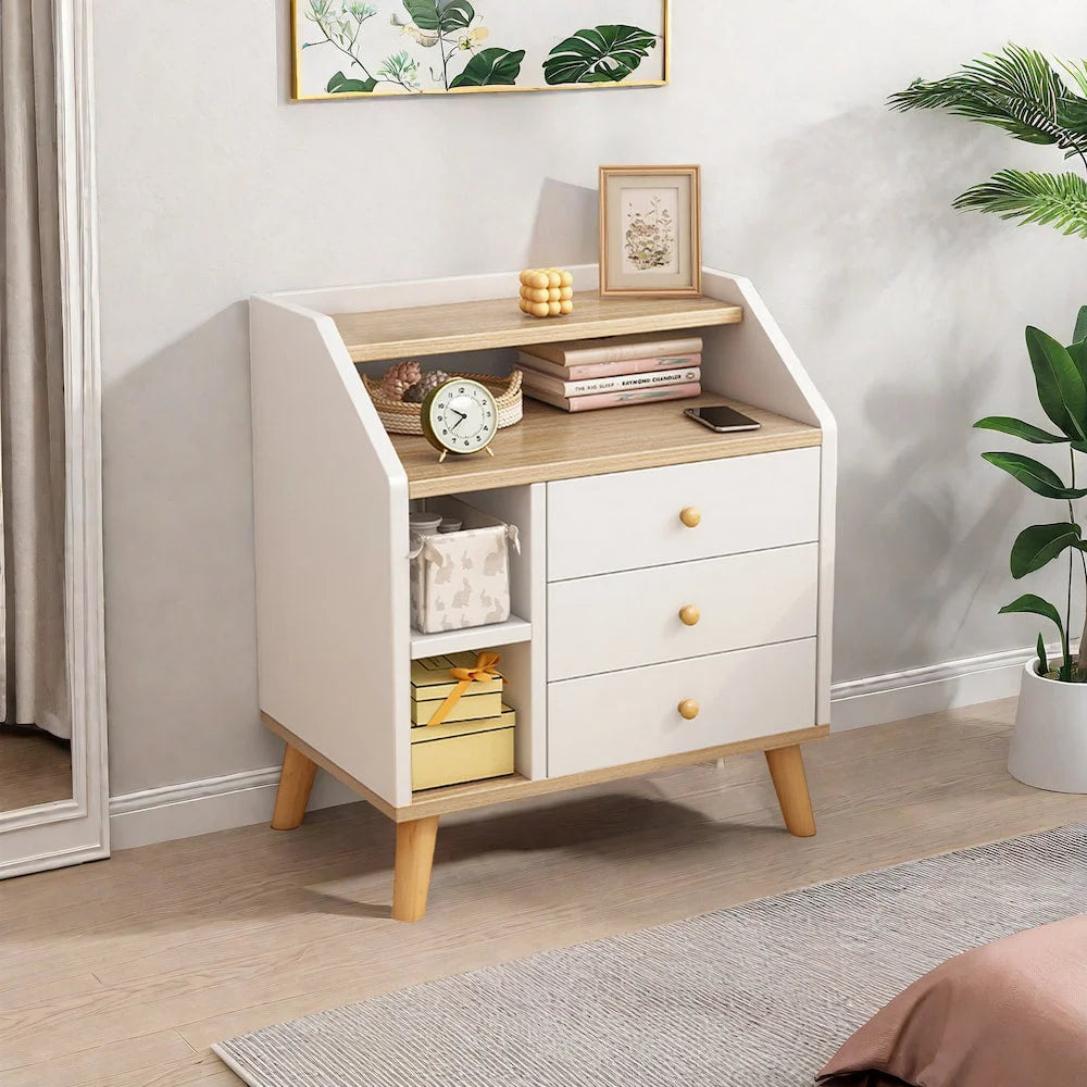 2x bedside table set wood grain drawers curved design