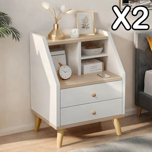 2x bedside table set wood grain drawers curved design