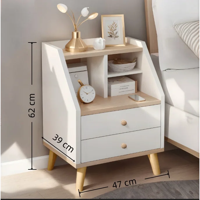 2x bedside table set wood grain drawers curved design
