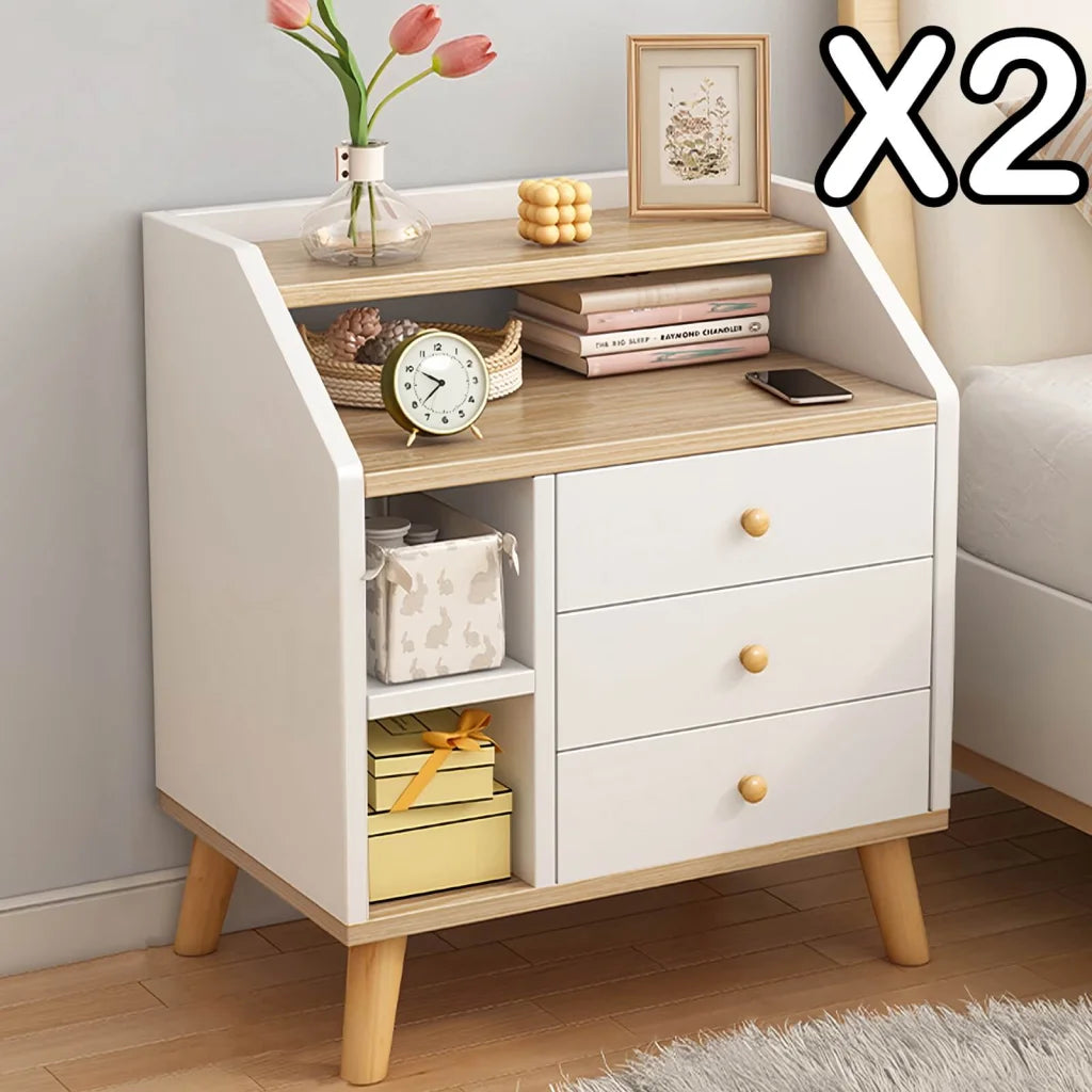 2x bedside table set wood grain drawers curved design