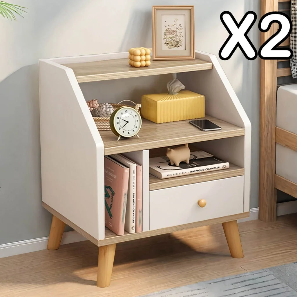 2x bedside table set wooden drawer natural white wood grain