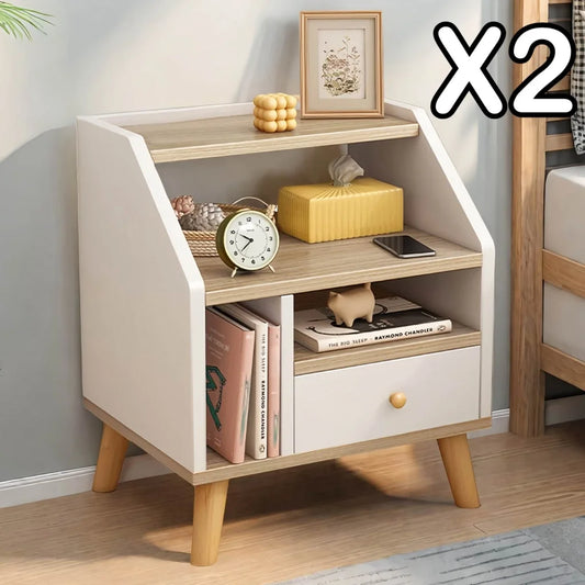 2x bedside table set wooden drawer natural white wood grain