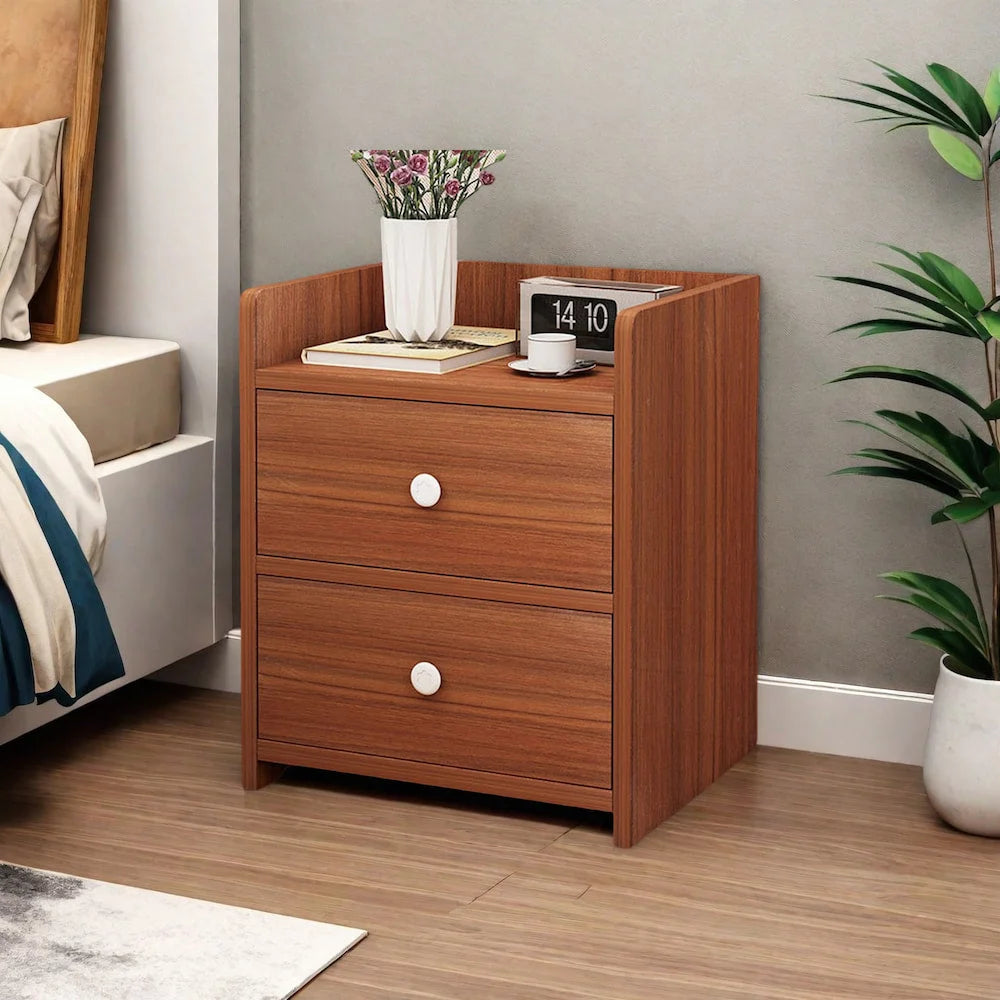 2x Bedside table walnut wood grain tray drawers vintage