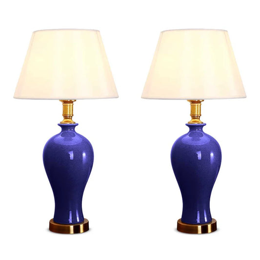 2X Blue Ceramic Oval Table Lamp with Gold Metal Base - Premium
