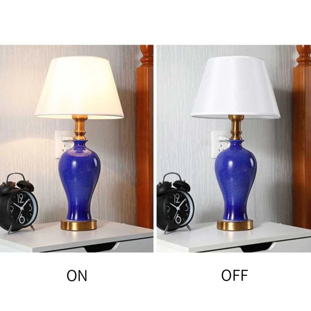 2X Blue Ceramic Oval Table Lamp with Gold Metal Base - Premium