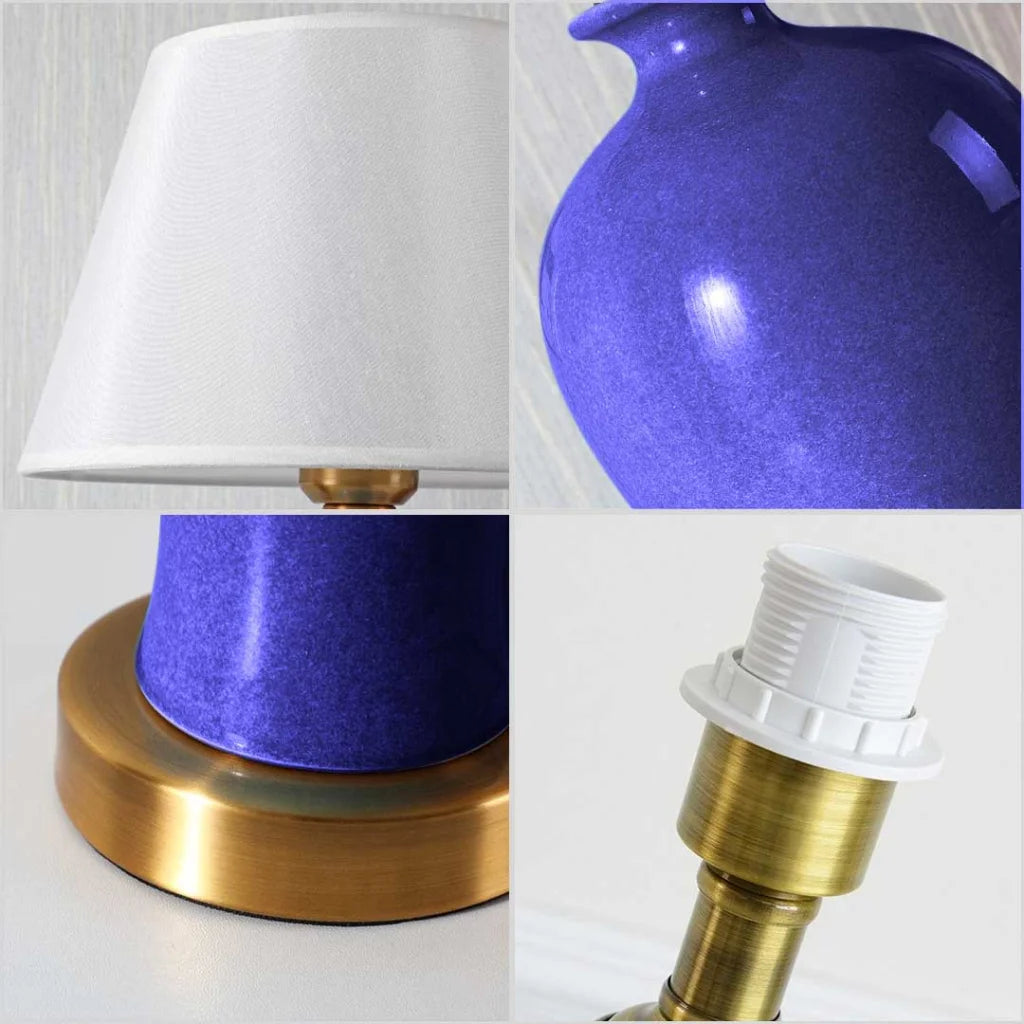 2X Blue Ceramic Oval Table Lamp with Gold Metal Base - Premium