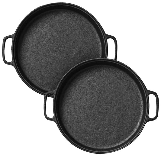 2X Cast Iron 35cm Frying Pan Skillet Coating Steak Sizzle Platter - Premium