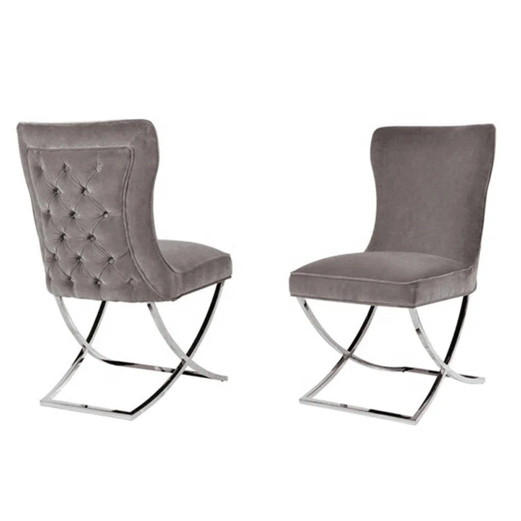 2x Dining Chairs Grey Fabric Upholstery Quilting Silver