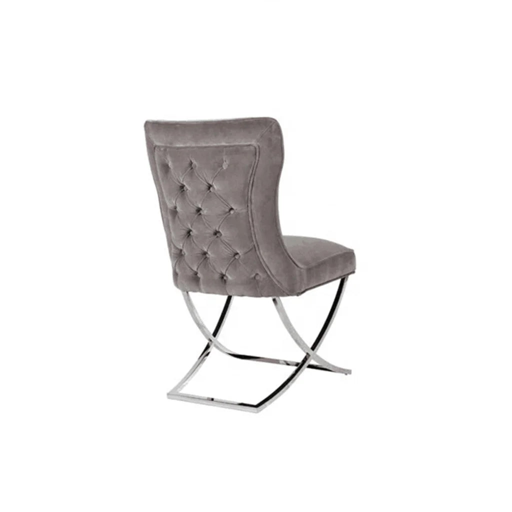 2x Dining Chairs Grey Fabric Upholstery Quilting Silver