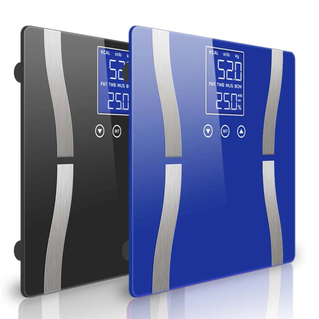 2X Glass LCD Digital Body Fat Scale Bathroom Electronic Gym Water Weighing Scale Black/Blue - Premium