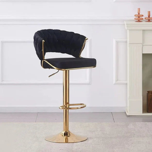 2x Height Black Velvet Padded Golden Round Base Barstools